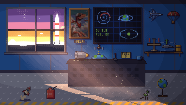 Capt. Vela's flight office, drawn in pixel art