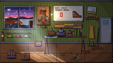 Foreman Dig's site hut, drawn in pixel art
