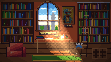 Prof. Folio's library, drawn in pixel art