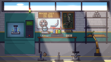 Servo Toleransky's machine shop, drawn in pixel art