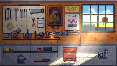Enzo Fanali's workshop, drawn in pixel art