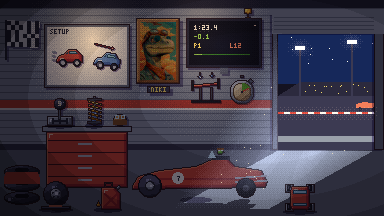 Niki Saura's pit garage, drawn in pixel art
