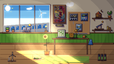 Sunny Watts' office, drawn in pixel art