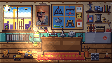 Chief Rebar's site office, drawn in pixel art